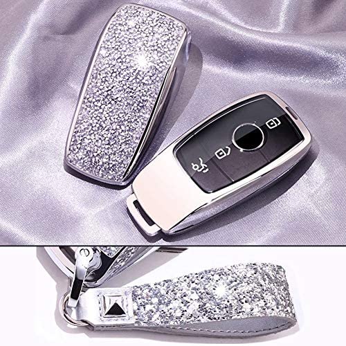 Royalfox(TM) Luxury 3 4 Buttons 3D Bling Smart keyless Entry Remote Key Fob case Cover for Mercedes-Benz E-Class S-Class W213 2016 2017 2018 2019,with Keychain (Silver)