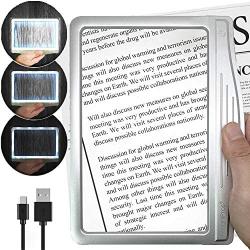 [Rechargeable] 3X Large Ultra Bright LED Page Magnifier with 12 Anti-Glare Dimmable LEDs(Evenly Lit Viewing Area & Relieve Eye Strain)-Ideal for Reading Small Prints & Low Vision Seniors