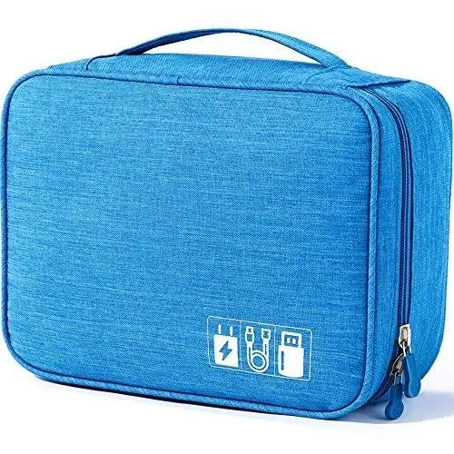 Electronics Accessories Organizer Bag, Universal Travel Digital Accessories Storage Bag for Portable Charger, Cables, Earphone, Ipad Mini, iPhone, Cord, Customize Inside with Dividers - Blue