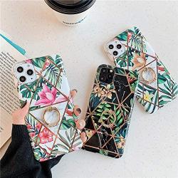 PHEZEN Marble Case for iPhone 11 Pro Max Flower Case Cover Diamand Ring Holder Kickstand Ultra Slim Soft Silicone Rubber Bumper Case,Splice Painted Marble Shockproof Protective Case Cover,Pink Floral