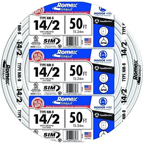 Southwire 28827422 50 14/2 with ground Romex brand SIMpull residential indoor electrical wire type NM-B, White Southwire 28827422 50 14/2 with ground Romex brand SIMpull residential indoor electrical wire type NM-B, White