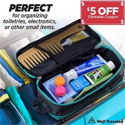 Well Traveled Toiletry Bag for Makeup, Shaving Kit, Cosmetics, Electronics Case for Men, Women, Kids - Portable, Compact, 3 Compartments, Soft Sided, Medium Size 10 x 4.5 x 4 Inches, Many Colors