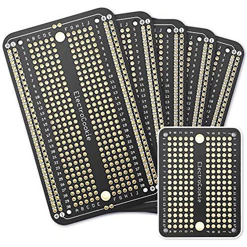 ElectroCookie Prototype PCB Solderable Breadboard for Electronics Projects Compatible for DIY Arduino Soldering Projects, Gold-Plated (5 Pack + 1 Mini Board, Matte Black)