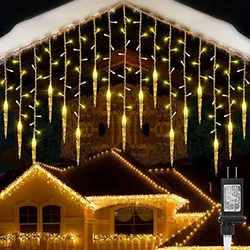 Toodour Christmas Icicle Lights, 29.5ft 360 LED 8 Modes, Window Curtain Fairy Lights with 60 Drops, Led Icicle Fairy Twinkle Lights for Party, Holiday, Wedding Decorations (Warm White)