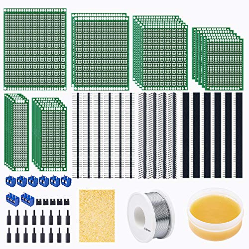 Miuzei PCB Board Prototype Kit for Electronic Projects, Circuit Solder Double-Side Board with 40 Pin 2.54 mm Male to Female Headers Connector, 2P&3P Screw Terminal Block, Solder Flux, Solder Wire