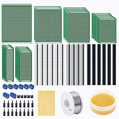 Miuzei PCB Board Prototype Kit for Electronic Projects, Circuit Solder Double-Side Board with 40 Pin 2.54 mm Male to Female Headers Connector, 2P&3P Screw Terminal Block, Solder Flux, Solder Wire