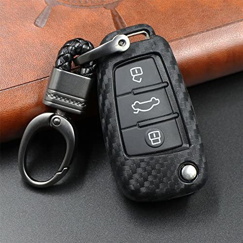 M.JVisun Soft Silicone Rubber Carbon Fiber Texture Case for Audi Flip Car Remote Key Fob Cover for Audi A1 A3 A4 A6 A8 Quattro Q2 Q3 Q7 R8 RS3 RS6 S3 S6 TT TTS Remote Key - Black - Weave Keychain