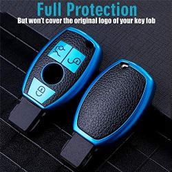 CTRINEWS for Mercedes Key Cover with Leather Keychain, Advanced Soft TPU Surface Leather Grain Key Fob Case for Classic Style Mercedes Benz Smart Key(Blue)