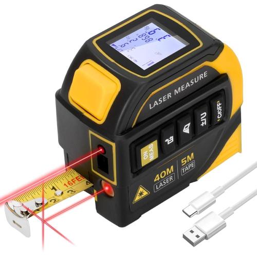 4-in-1 Laser Tape Measure with Level and Crosshairs, 16FT AutoLock Measuring Tape and 130FT Laser Measurement Tool with Large LCD Display, Area, Volume, Pythagorean, Cosine
