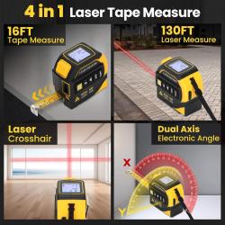 4-in-1 Laser Tape Measure with Level and Crosshairs, 16FT AutoLock Measuring Tape and 130FT Laser Measurement Tool with Large LCD Display, Area, Volume, Pythagorean, Cosine